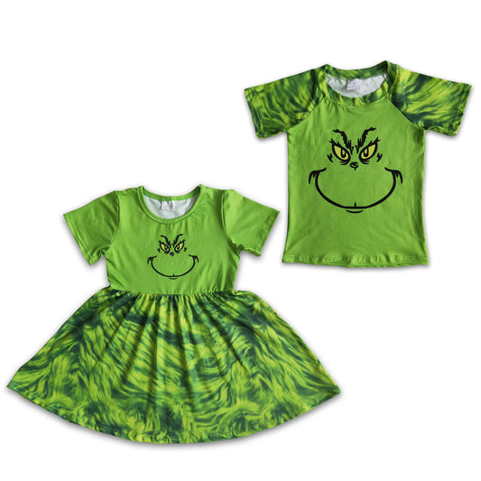 Baby Sibling Girls Boys Christmas Green Face Dress and Top On Sale