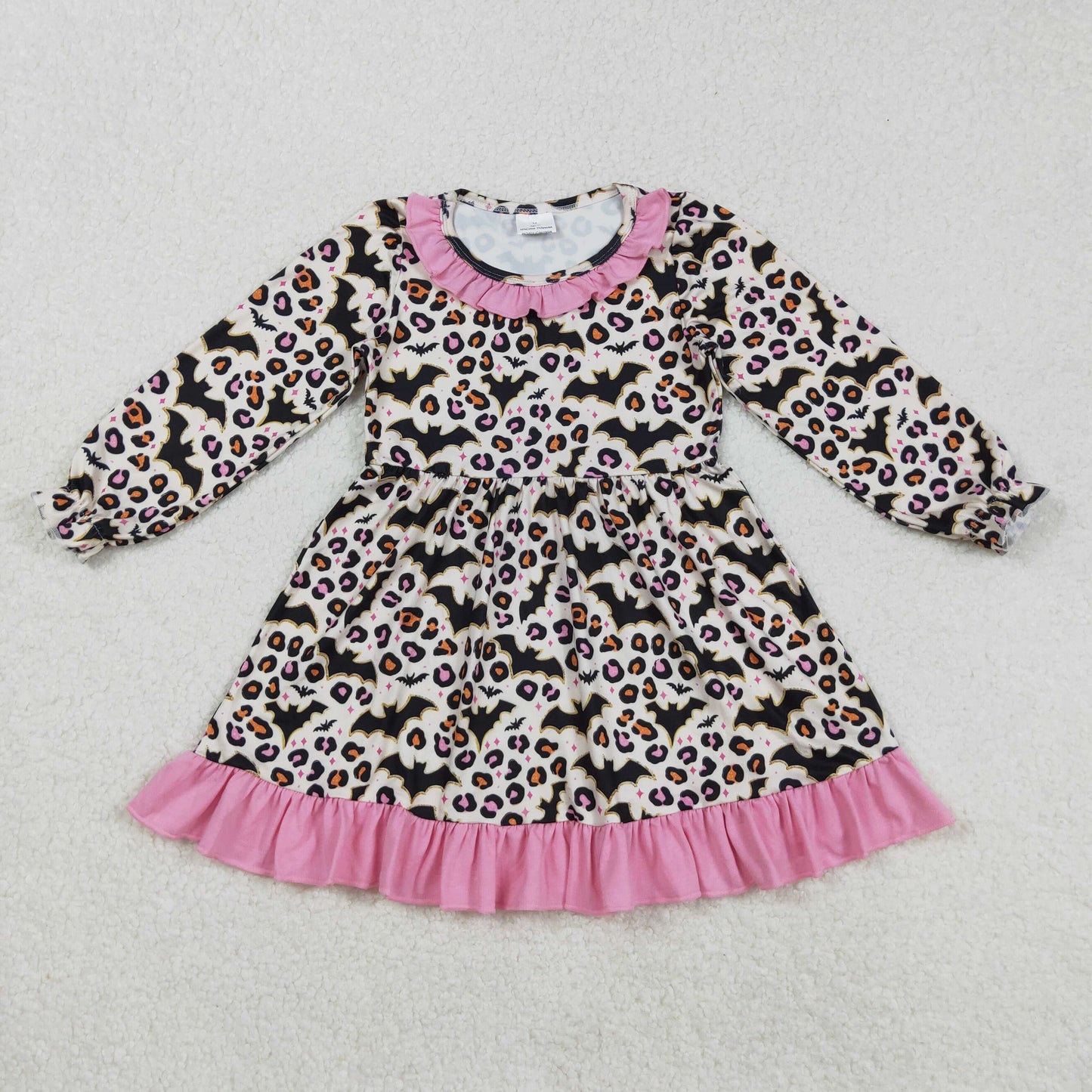GLD1224 Baby Girls halloween Bat Leopard Long Sleeve Knee Length Dress