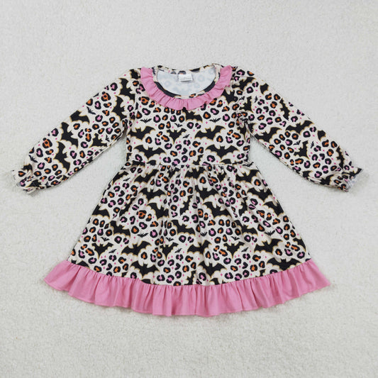 GLD1224 Baby Girls halloween Bat Leopard Long Sleeve Knee Length Dress