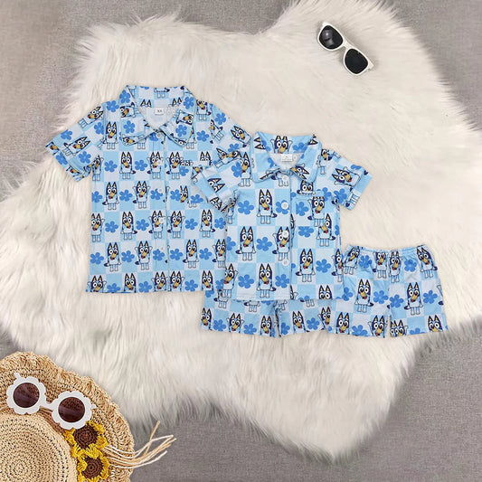Mommy and Me Cartoon Blue Dog Flowers Shorts Pajama Set