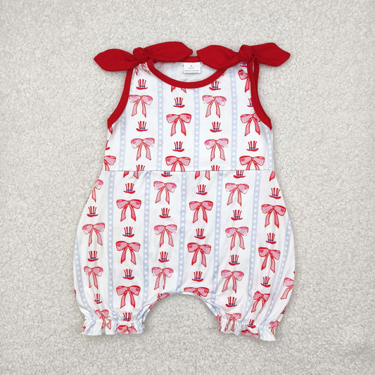Baby Girls Red Sleeveless Bows Stripe Ruffle Rompers