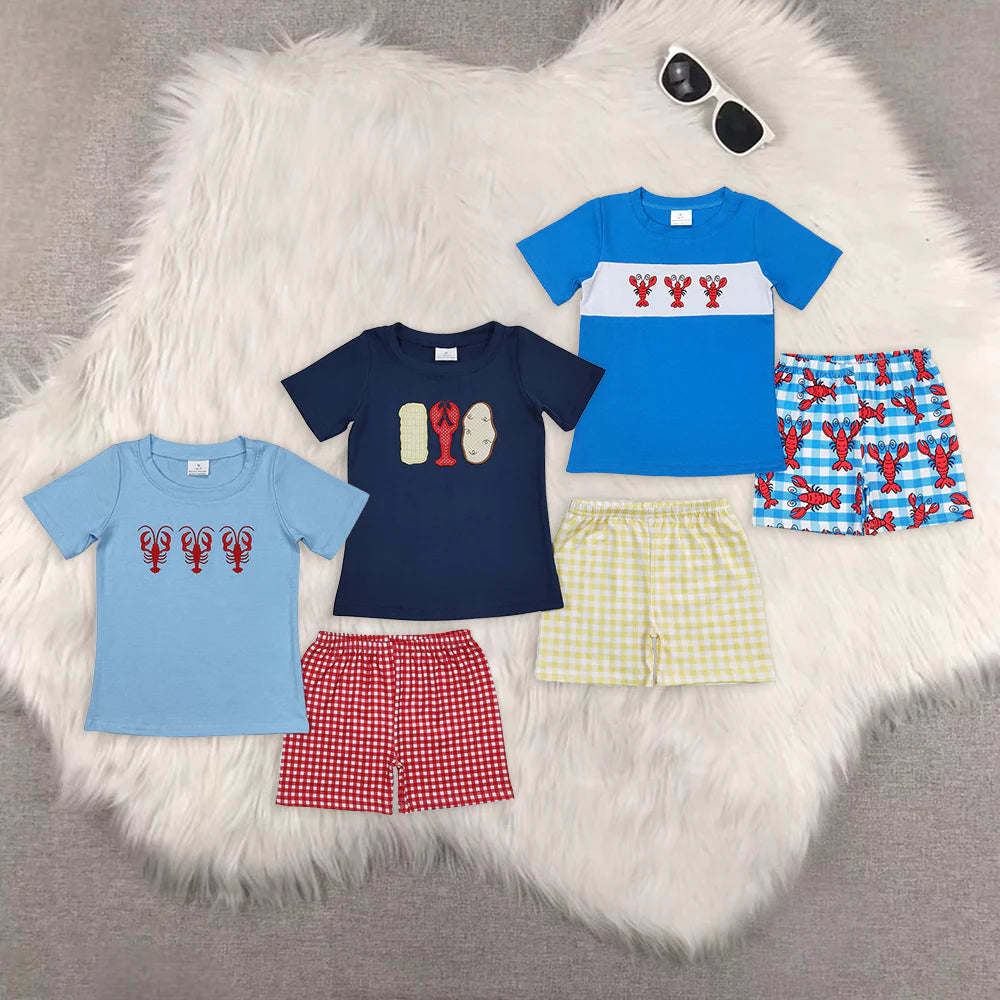 Toddler Boys Summer Sibling Embroidery Crayfish Shorts Set