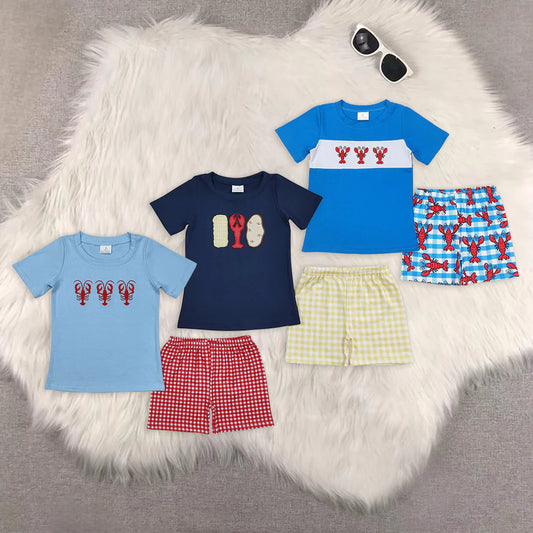 Toddler Boys Summer Sibling Embroidery Crayfish Shorts Set