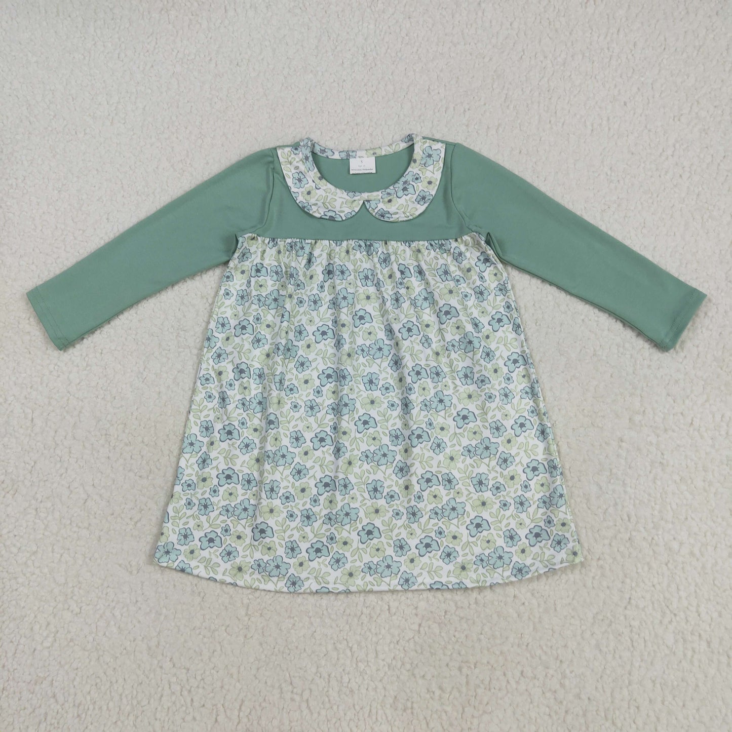 GLD1087 Kids GirlsGreen Floral Long Sleeve Dress