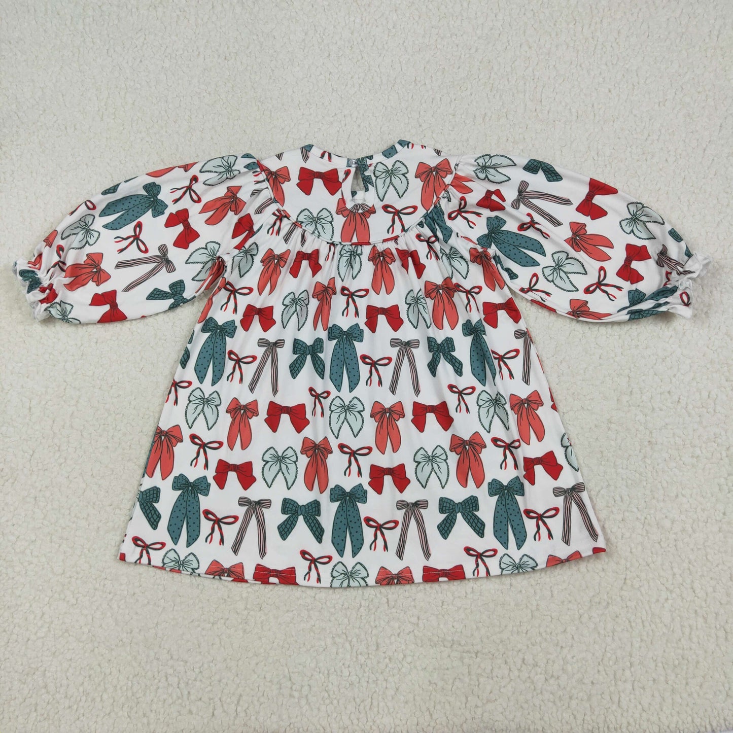 GLD1028 Baby Girls Green Red Bow Smock Long Sleeve Dress