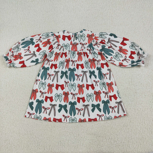 GLD1028 Baby Girls Green Red Bow Smock Long Sleeve Dress