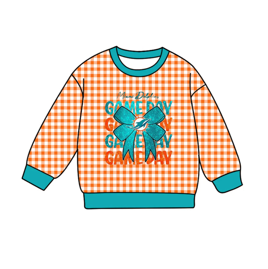 Preorder , 5 MOQ Baby Girls  Sport Team Game Day Orange GIngham Long Sleeve Top