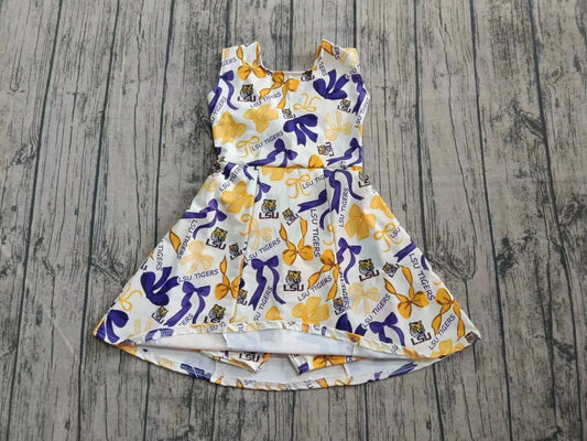 Preorder  5 MOQ,Baby Girls Purple Yellow Bows LSU Tiger Shorts Team Knee Length Dresses