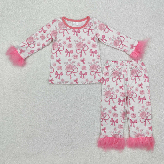 Baby Girls Coquette Pink Bow Flower Pajama Set With Fur