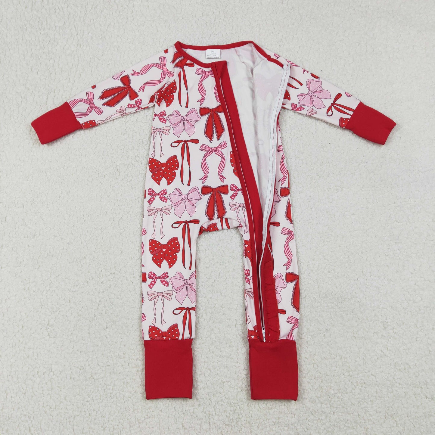 LR2780 Baby girls Valentine's Day Red Bow Long Sleeve Zipper Romper