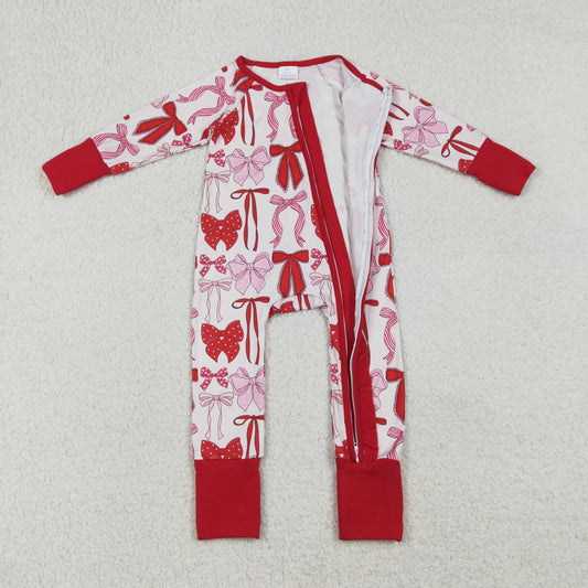 LR2780 Baby girls Valentine's Day Red Bow Long Sleeve Zipper Romper