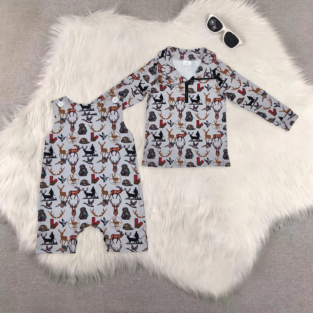 Sibling Baby Boys Hunting Deer Long Sleeve Pullover Top Romper
