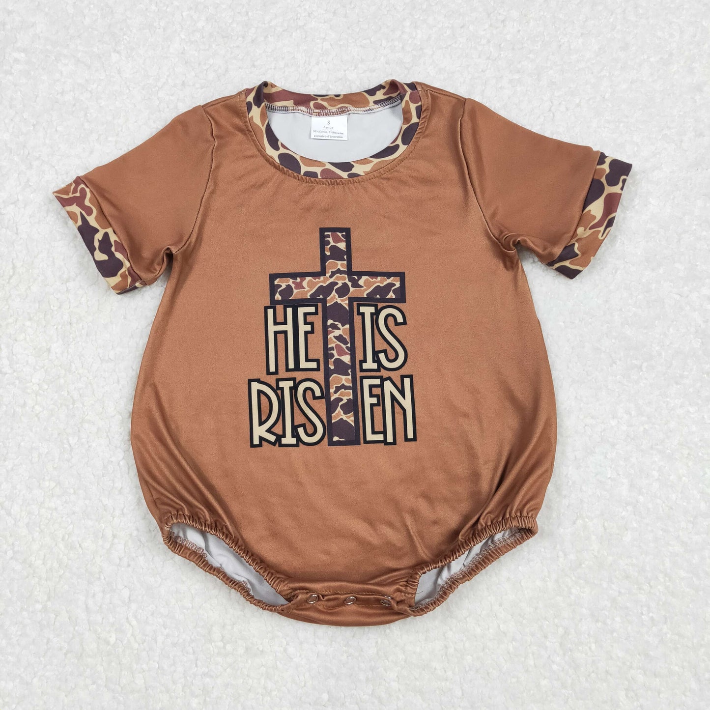 Baby Boys Brown Short Sleeves Camo Cross Easter Rompers