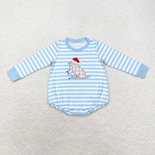 Baby Boys Christmas Dog Blue Striped Romper