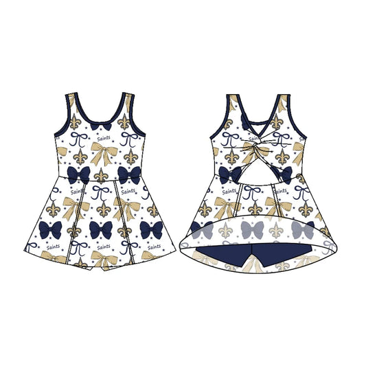 Preorder 5 MOQ Baby Girls Sleeveless Saints Bows Shorts Team Knee Length Dresses