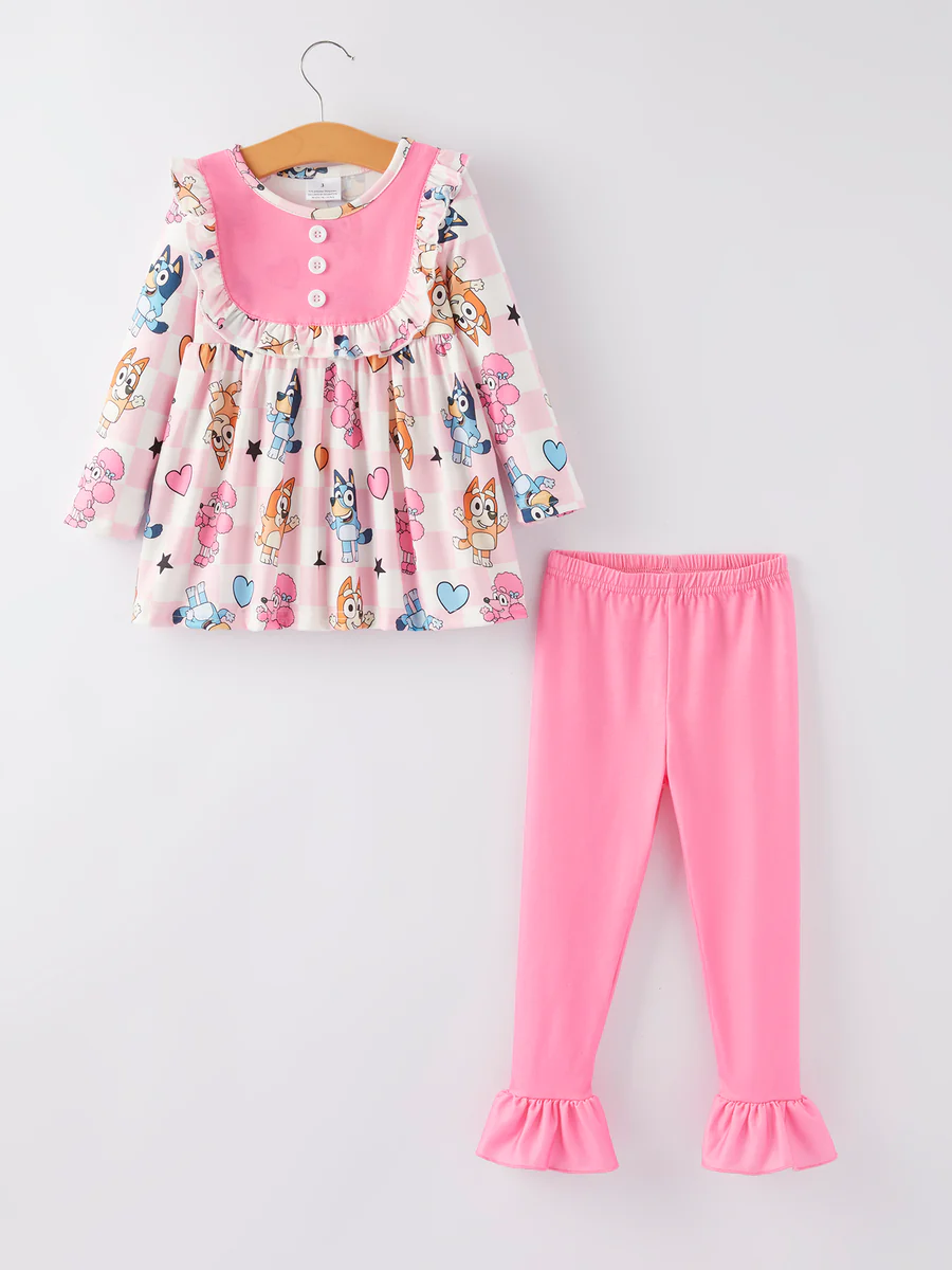 Baby Girls Sibling Sister Cartoon Dog Heart Pink Outfit and Romper 5 MOQ Each