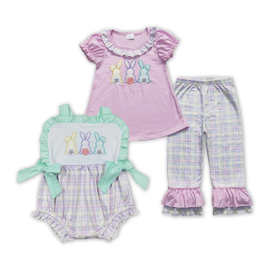 Sibling Baby Girls Embroidery Bunny Easter Set And Rompers