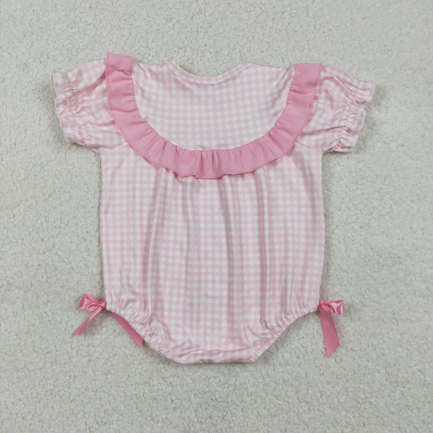 SR3565 Baby Girls Easter Chicken Rabbit Pink GIngham Romper