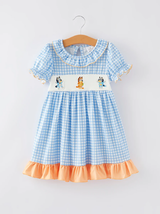 Baby Girls Blue Gingham Cartoon Dog Dress Preorder 5 MOQ