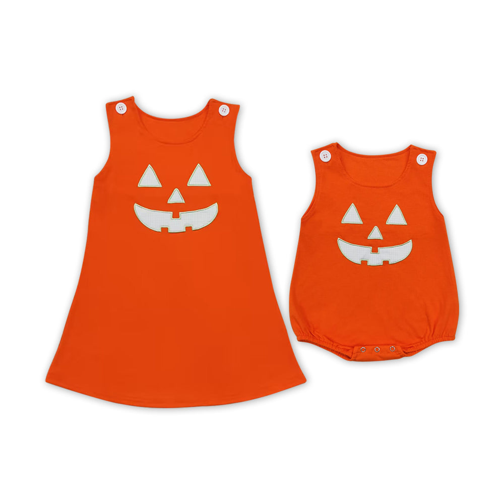 Baby  Sibling Halloween Pumpkin Orage Dress and Romper