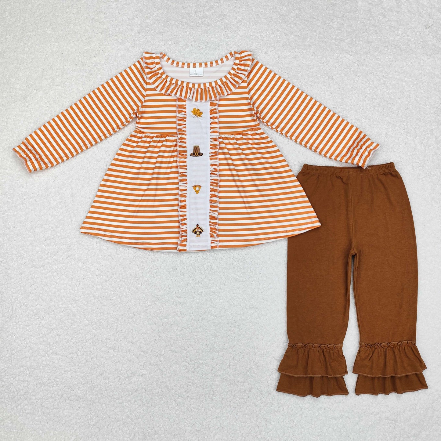 GLP1435 Baby Girls Thankgiving Orange Striped Top Brown Pants Set