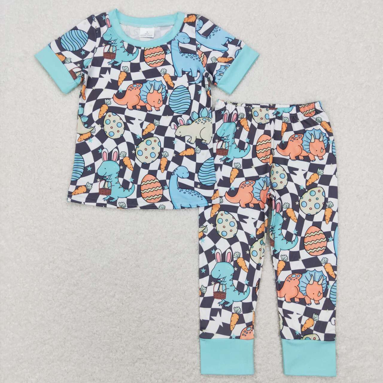 Baby Boys Blue Short Sleeves Black Plaid Bunny Dinosaurs Top Pant Eatser Pajamas Set