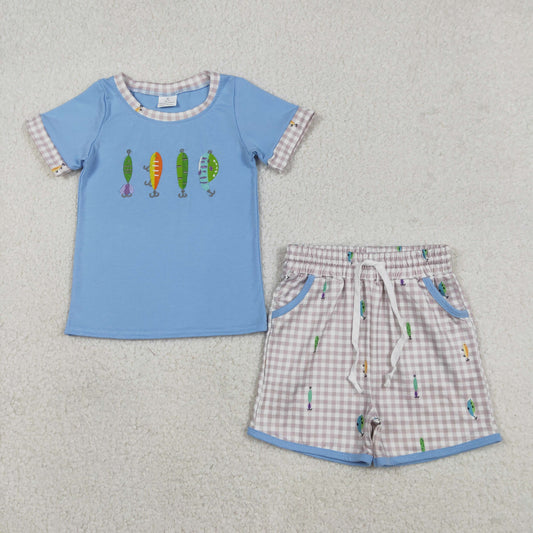 BSSO1617 Kids boys fishing top with gingham shorts set