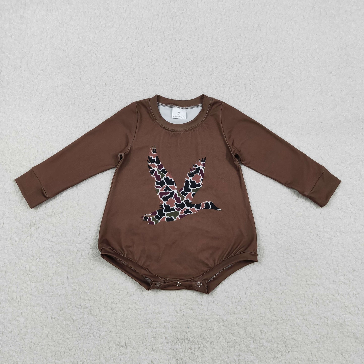 LR2777 Baby Boys Hunting Camo Duck Brown Long Sleeve Rompre Preorder