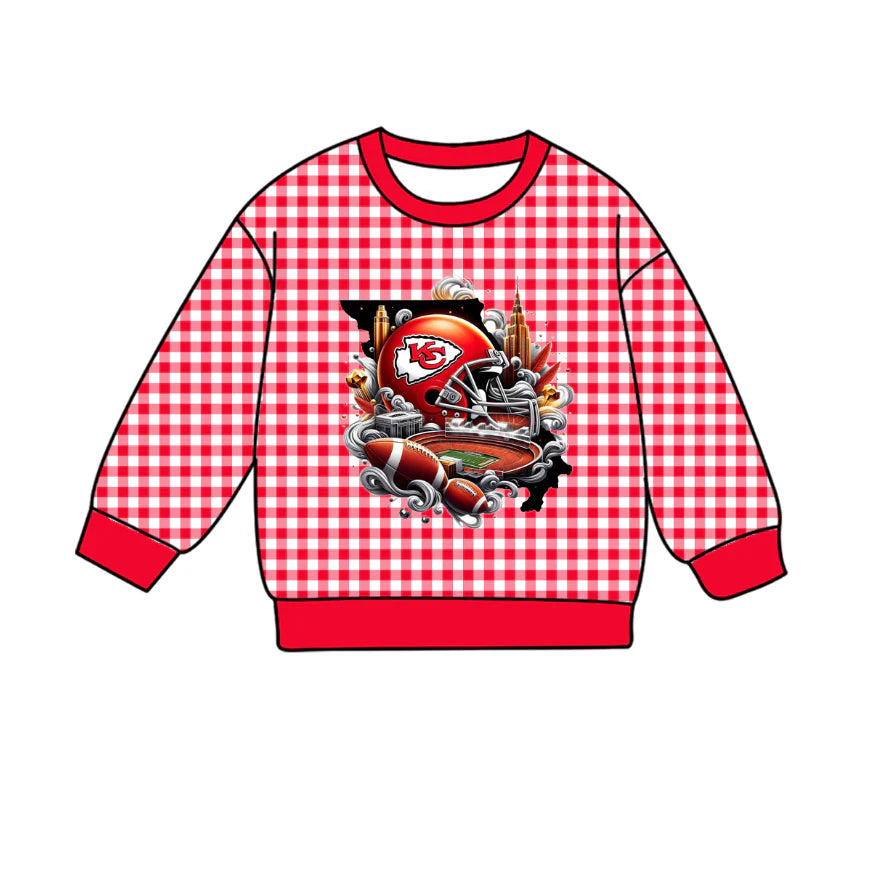 Preorder , 5 MOQ Baby Girls KC Sport Team Red GIngham Long Sleeve Top
