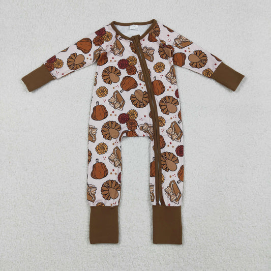 Baby Boys Thanksiving Turkey Pumpkin Long Sleeve Footie Romper