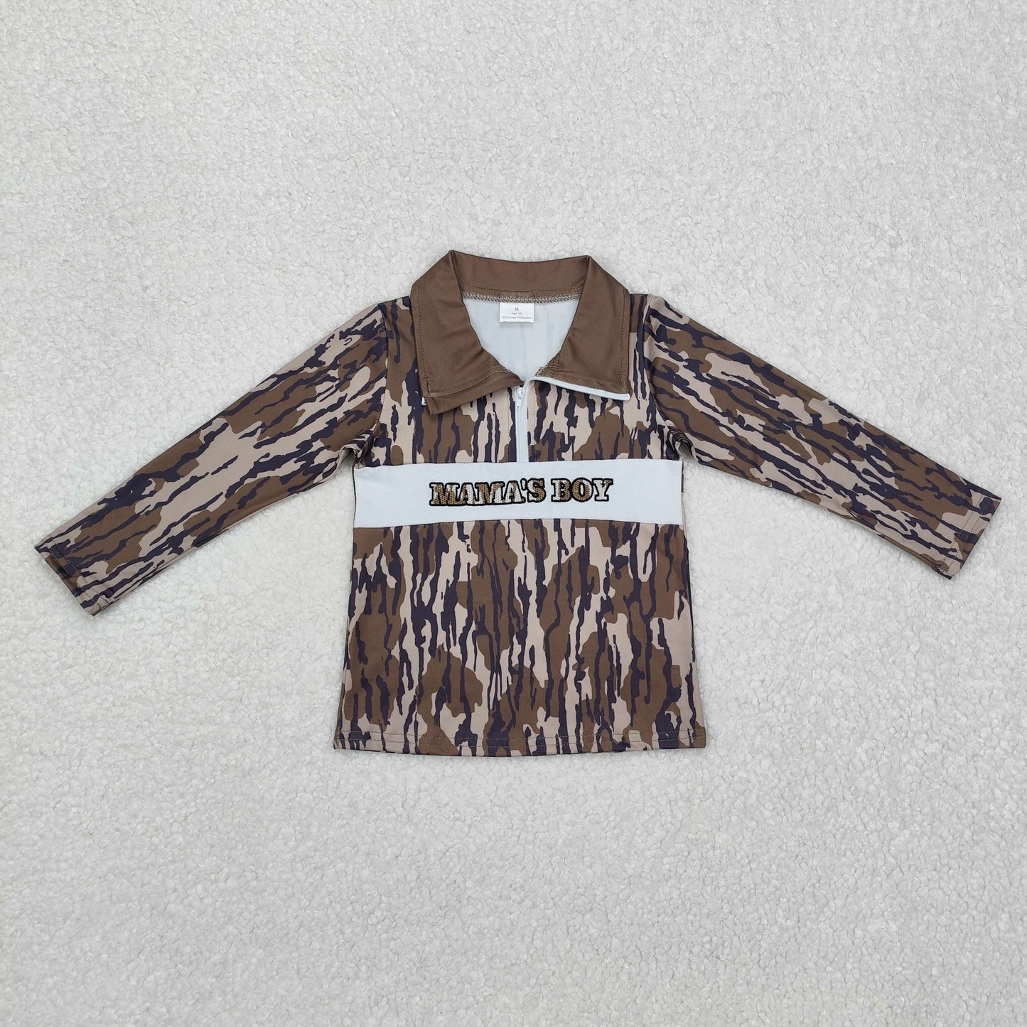 Embroidery Mama's Boys Mossy Camo Zip Pullover Top