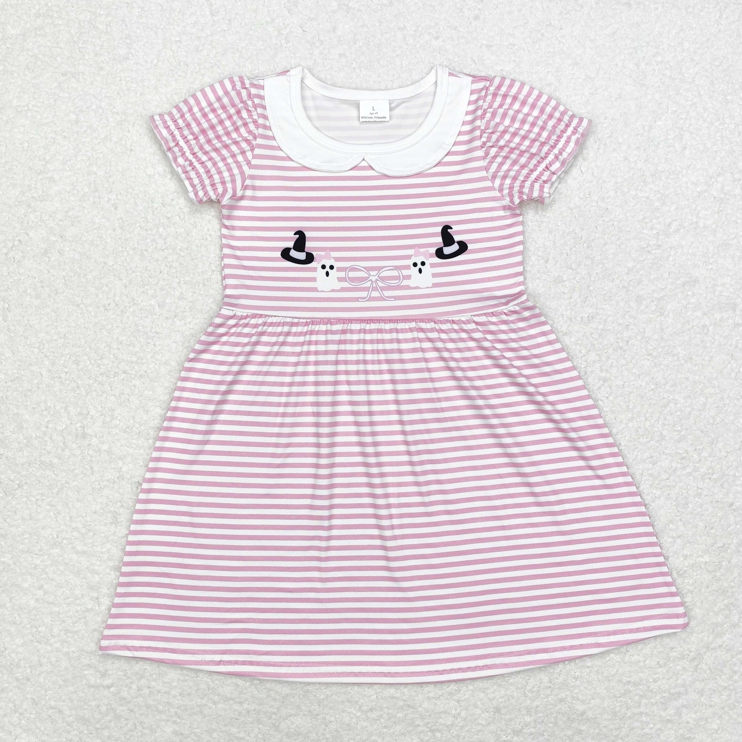 GSD1362 Baby Girls Halloween Ghost Pink Striped Short Sleeve Dress