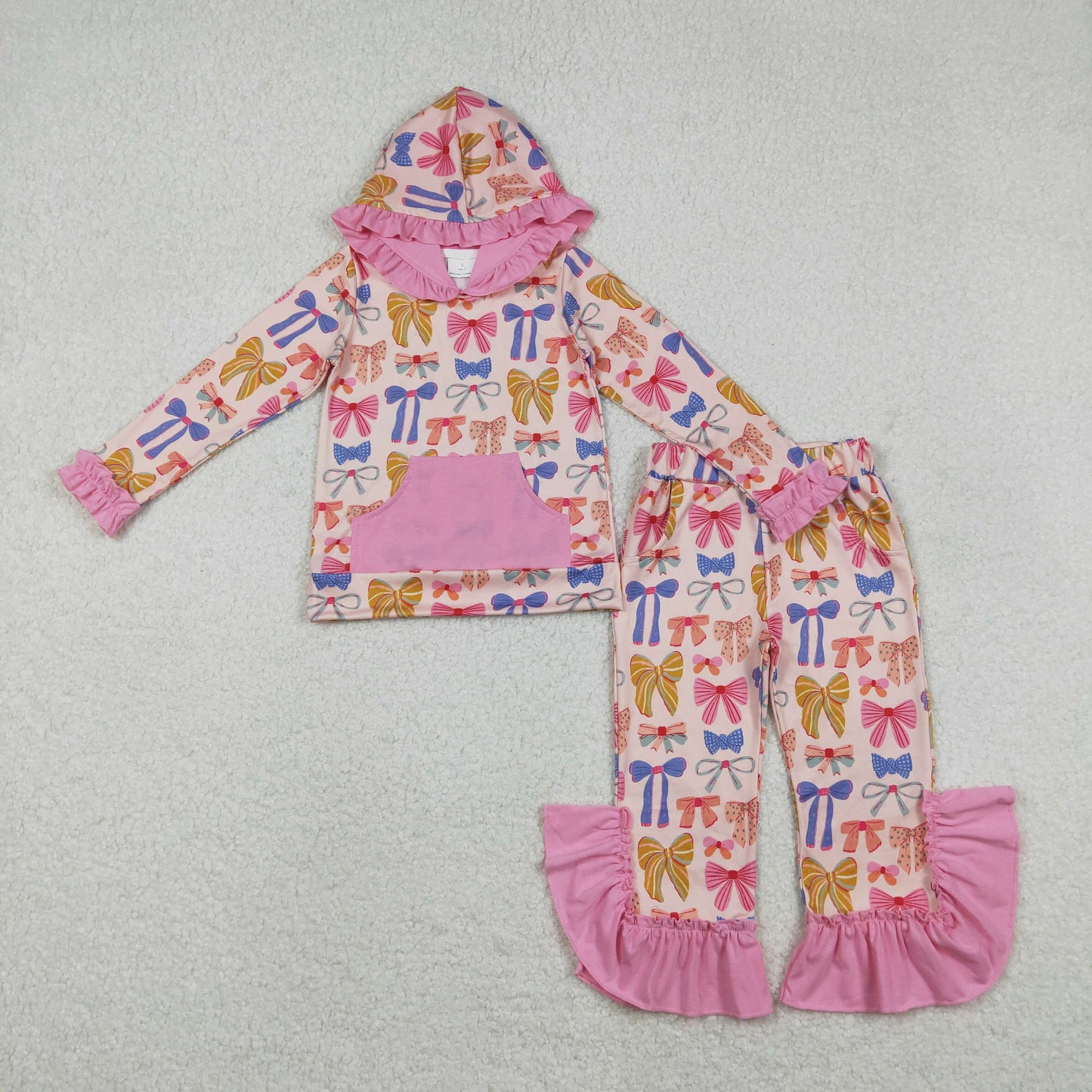 GLP3049 Baby Girls Colorful Bows Hooded Top Ruffle Pants Outfit