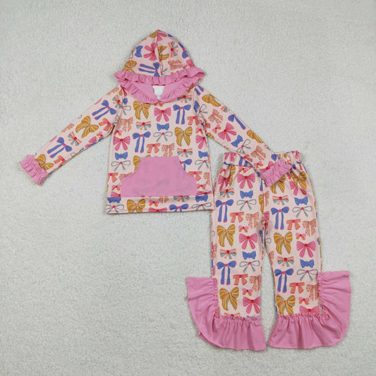 GLP3049 Baby Girls Colorful Bows Hooded Top Ruffle Pants Outfit