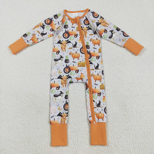 LR2444 Baby Boys Halloween Highland Cow Romper