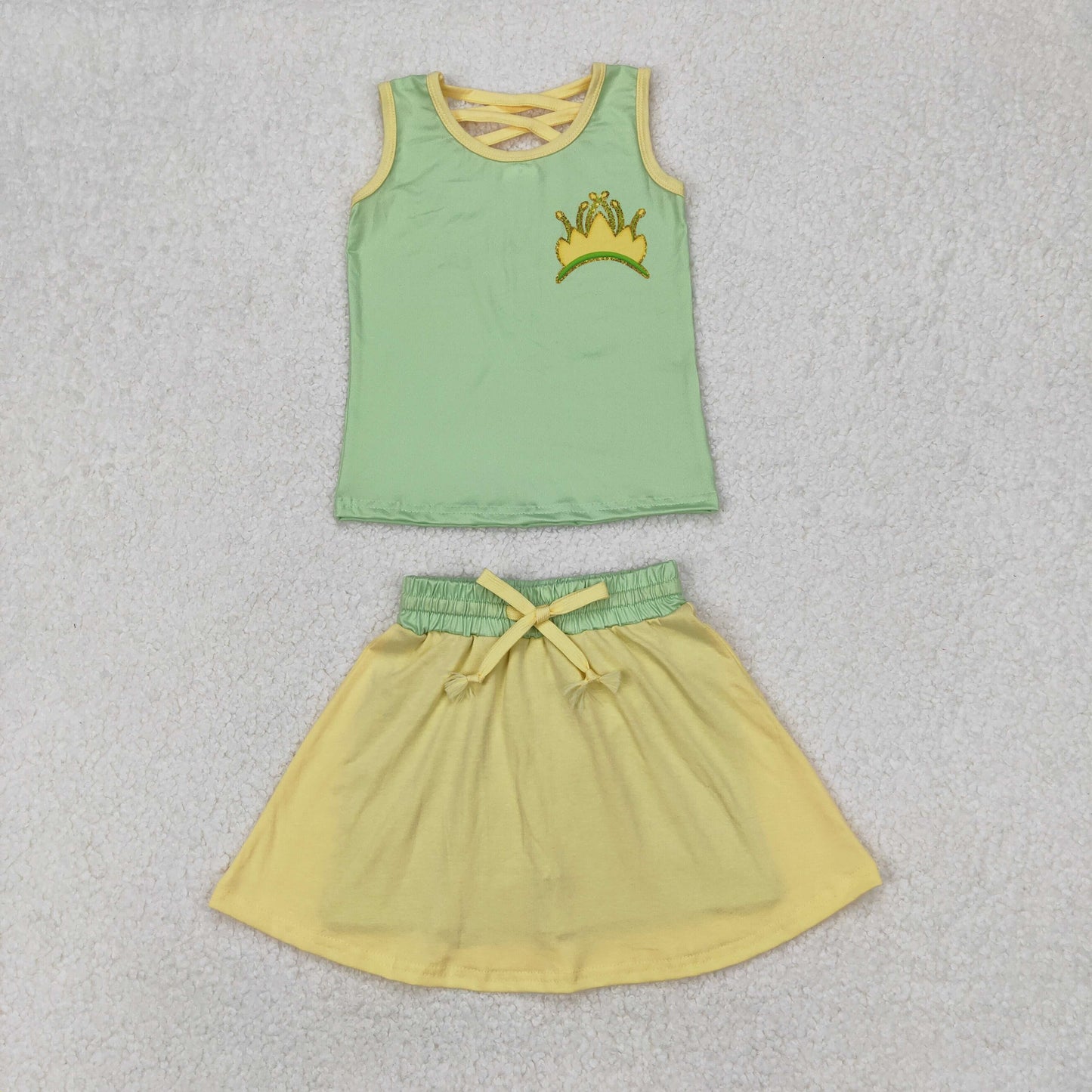 Baby Girls Green Sleeveless Crown Top Yellow Patchwork Skort Set