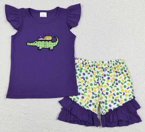 Baby Girls Purple Flutter Sleeves Embroidery Crocodile Top Plaid Shorts Mardi Gras Set