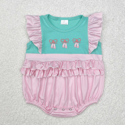 Baby Girls Pink Stripe Flutter Sleeves Embroidery Bow Toe Shots Romper