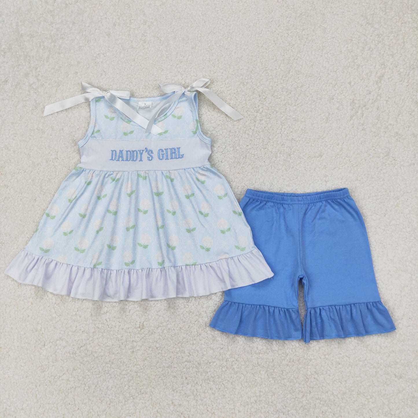 Baby Girls Bows Sleeveless Embroidery DADDYS GIRL Floral Tunic Blue Ruffle Short Set