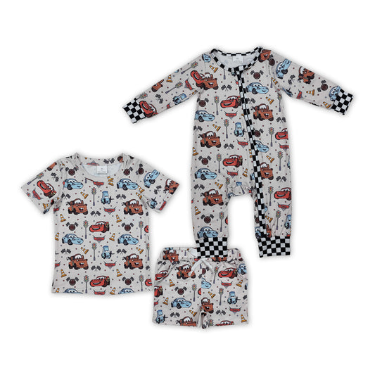 Sibling Baby Boys White Short Sleeves Cartoon Cars Top Pockets Short Set And Rompers