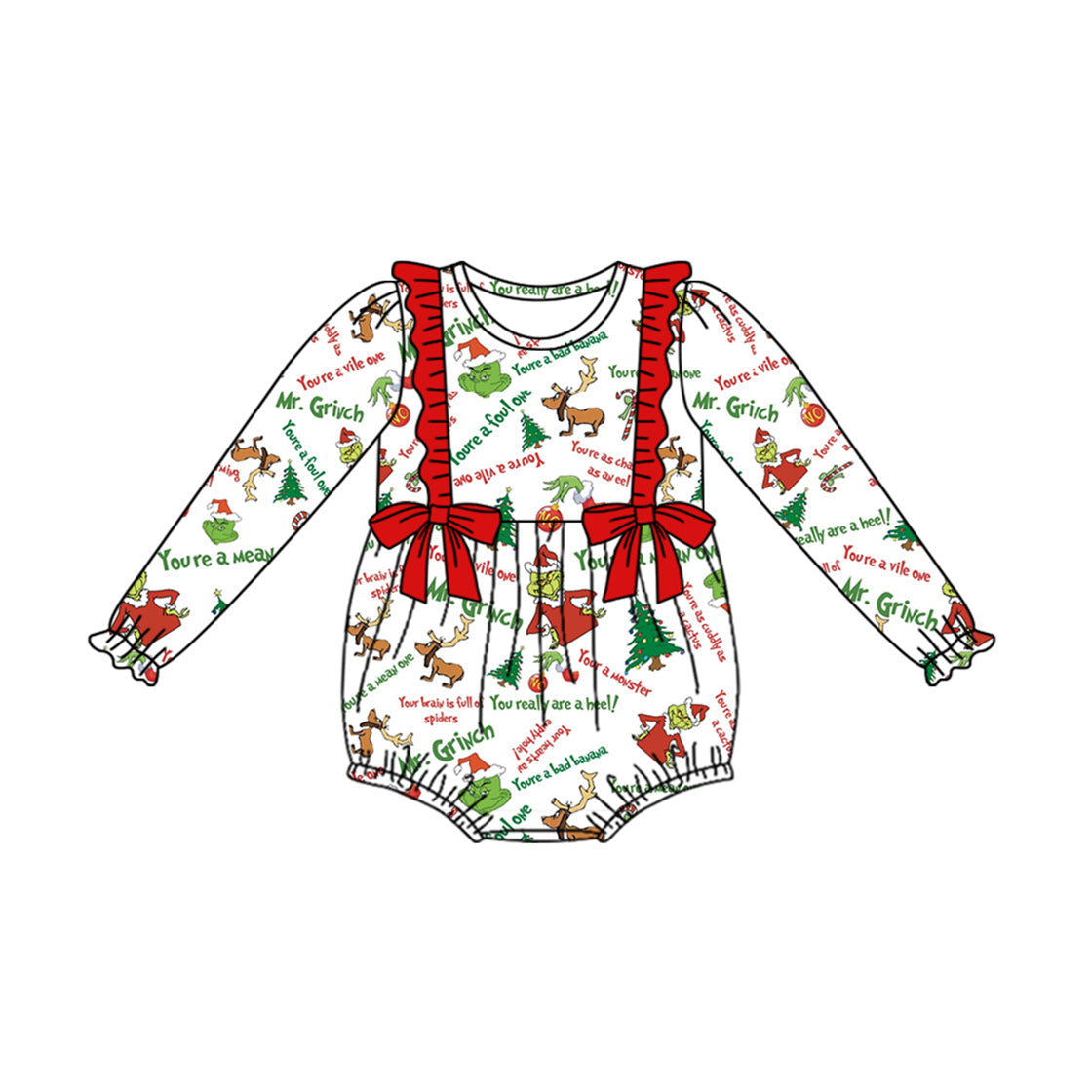 Baby Girls Christmas  Green Face Romper Preorder 3 MOQ