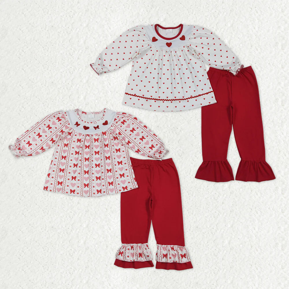 Sibling Baby Girls Embroidery Bows Hearts Tunic Ruffle Pants Valentines Outfit