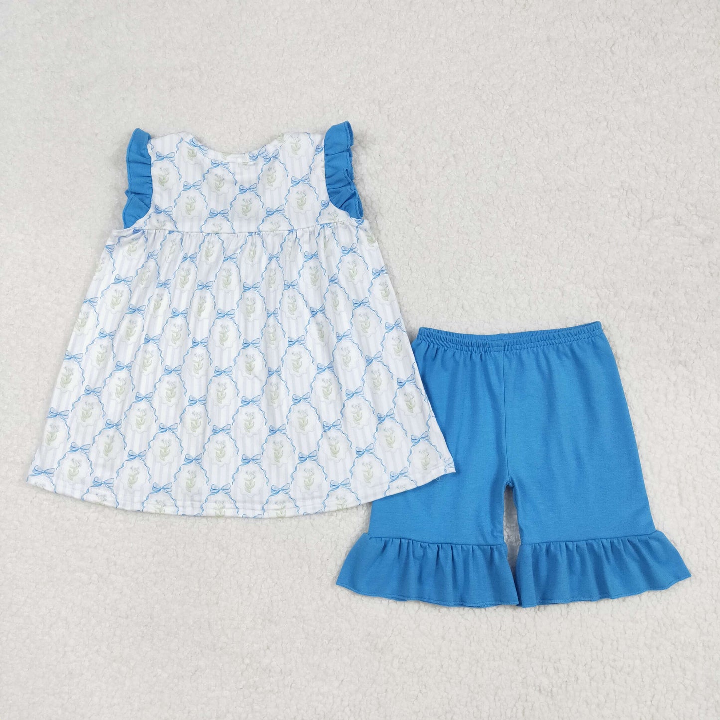 Baby Girls Blue Ruffle Sleeveless Bows Plaid Floral Tunic Short Valentines Set