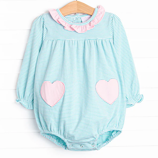 Baby Girls Long Ruffle Sleeve Aqua Stripe Pink Hearts Pocket Rompers Preorder 5 MOQ