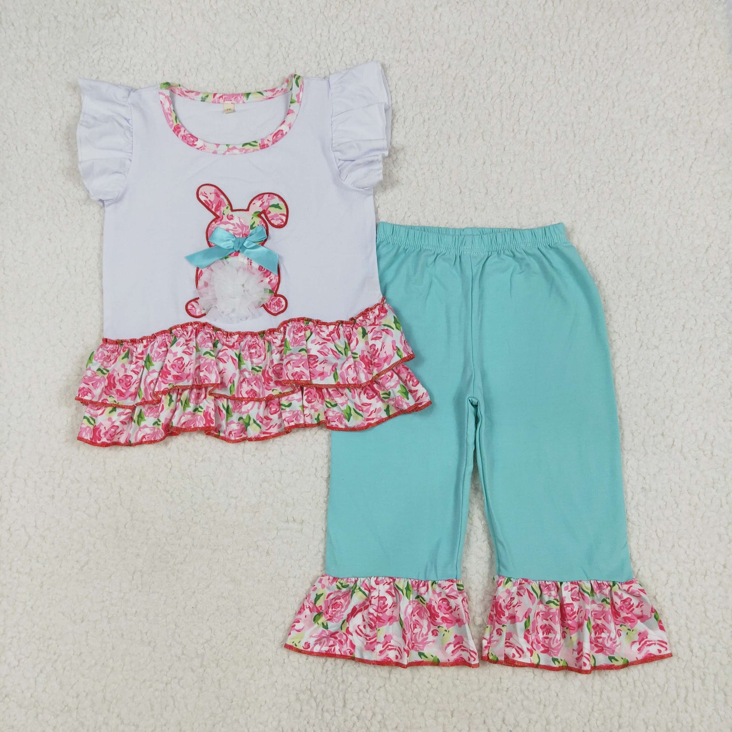 Baby Girls White Flutter Sleeves Embroidery Bunny Top Aqua Ruffle Pant Easter Set