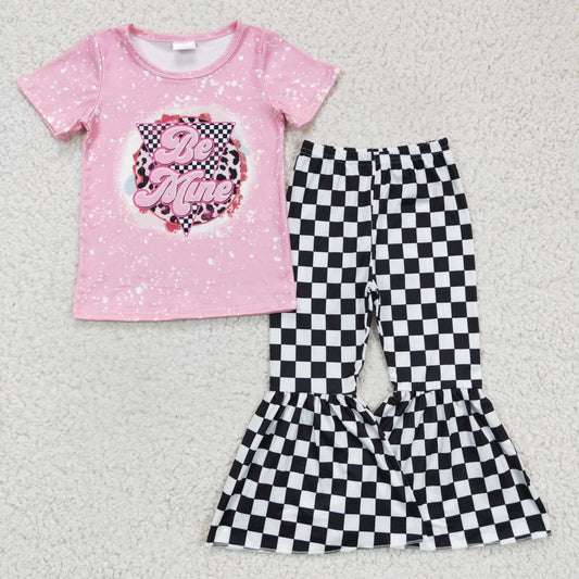 Baby Girls Pink Short Sleeves Black Plaid Top Bell Bottom Pant Set