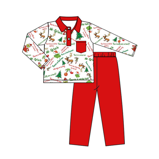 Baby Boys Christmas  Green Face Red Pants Outfit Preorder