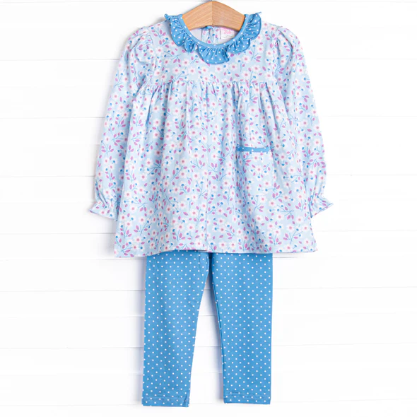 Baby Girls Floral Long Sleeve Tunic Top Blue Dot Leggings Set 5 MOQ