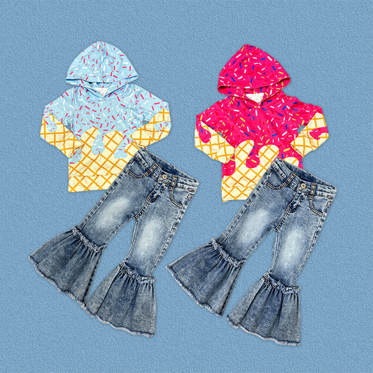 Ice Cream Drip Blue Hoodie Top With Bell Bottom Jeans Set