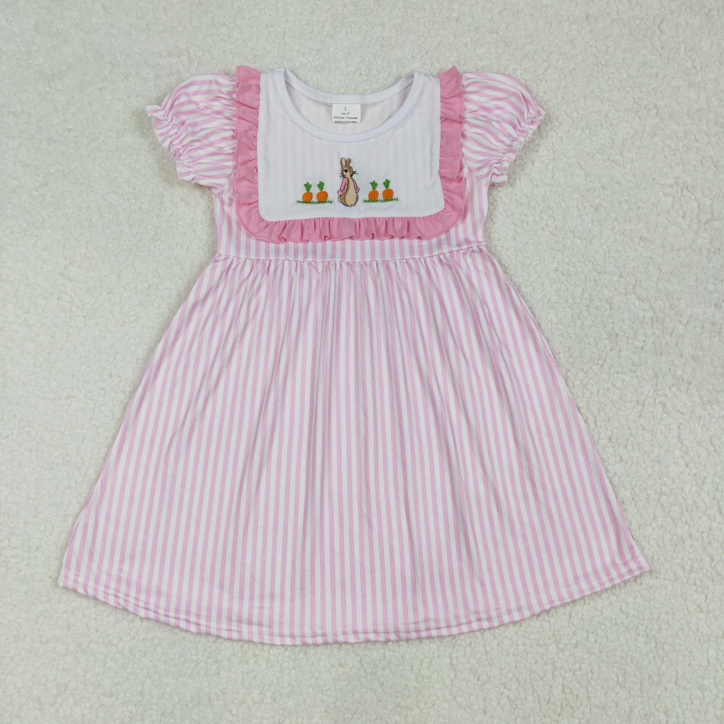 Toddler Girls Easter Embroidery Bunny  Pink  Striped Short Sleeve Dress